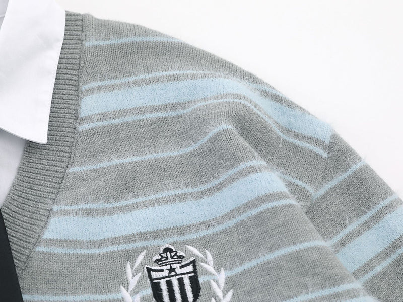 Striped Knit Sweater with Layered Shirt Collar and Tie Detail, Preppy Academy