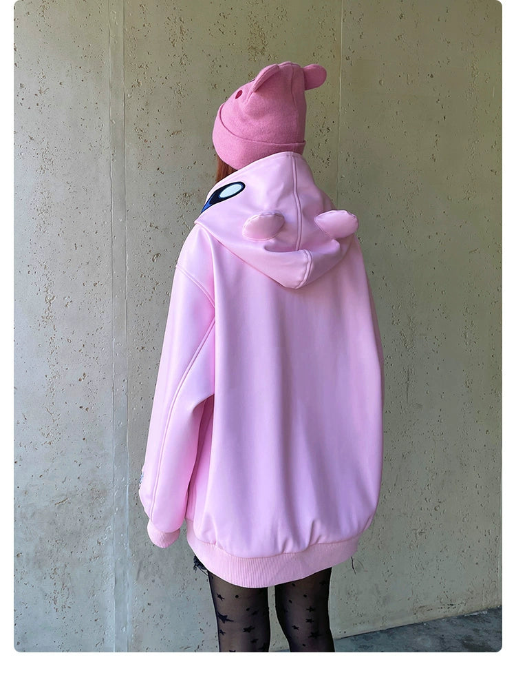 Kirby Pink Hoodie – 400 GSM übergroßes Anime-Sweatshirt mit Reißverschluss für Streetwear-Fans