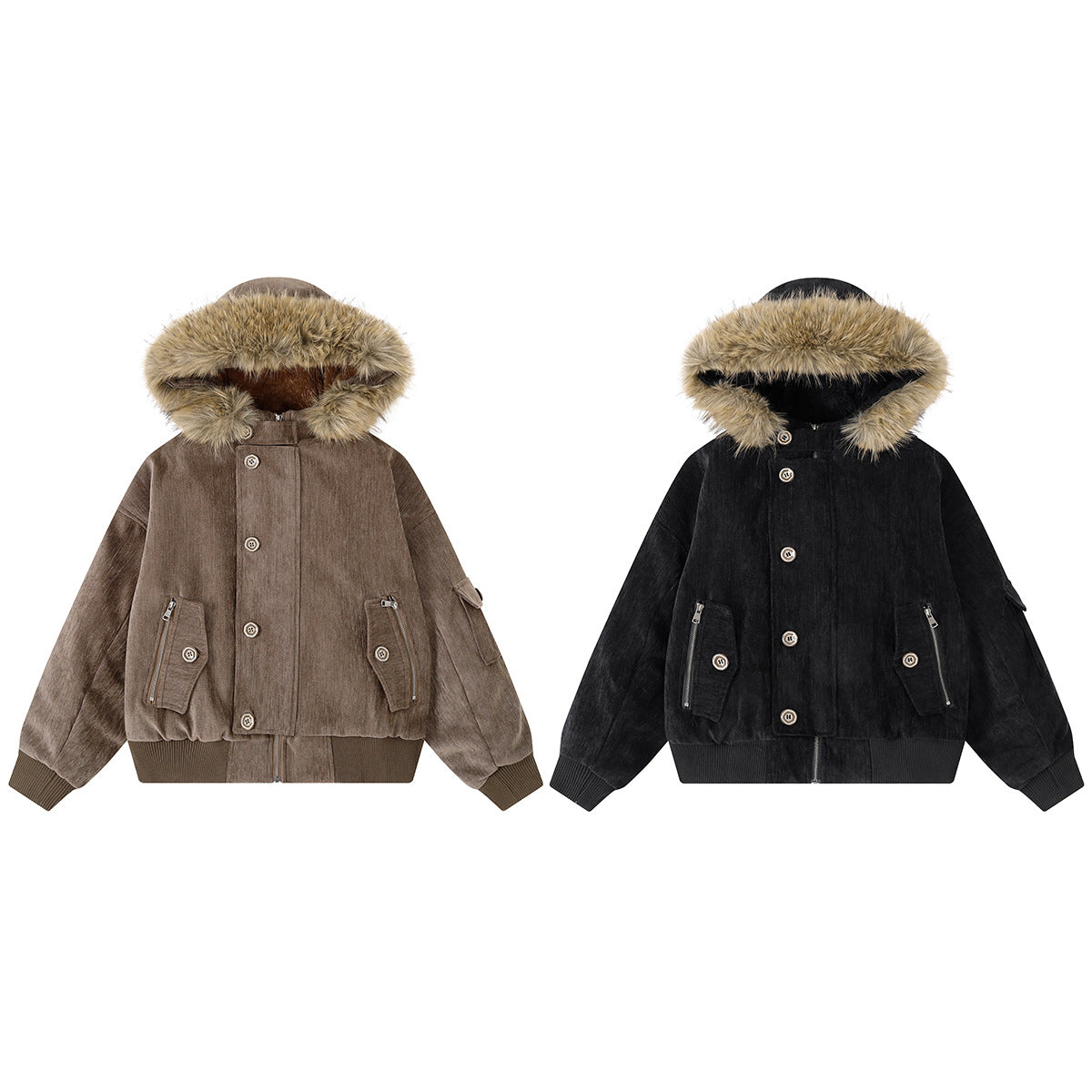 Fur-Trim Hooded Bomber Jacket – Padded Velvet Cotton Vintage American Style