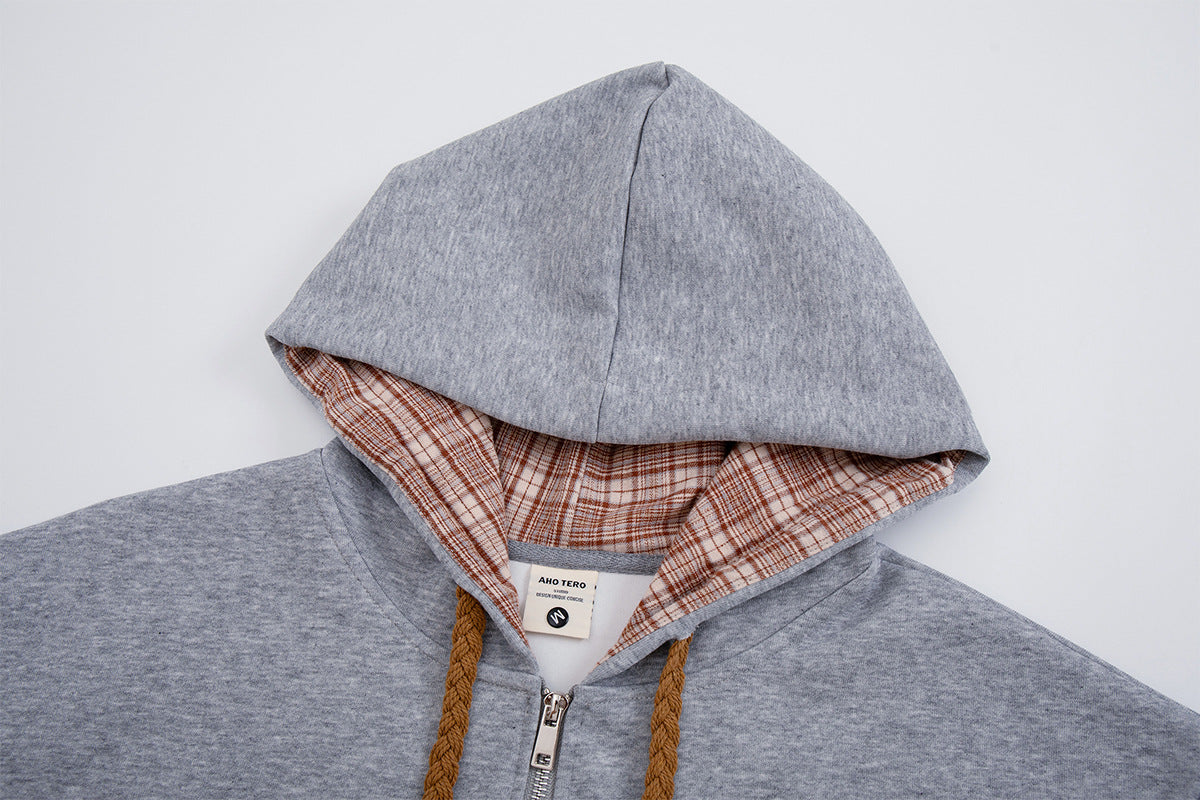 Varsity Patch Zip-Up Hoodie with Plaid-Lined Hood – Retro American Style