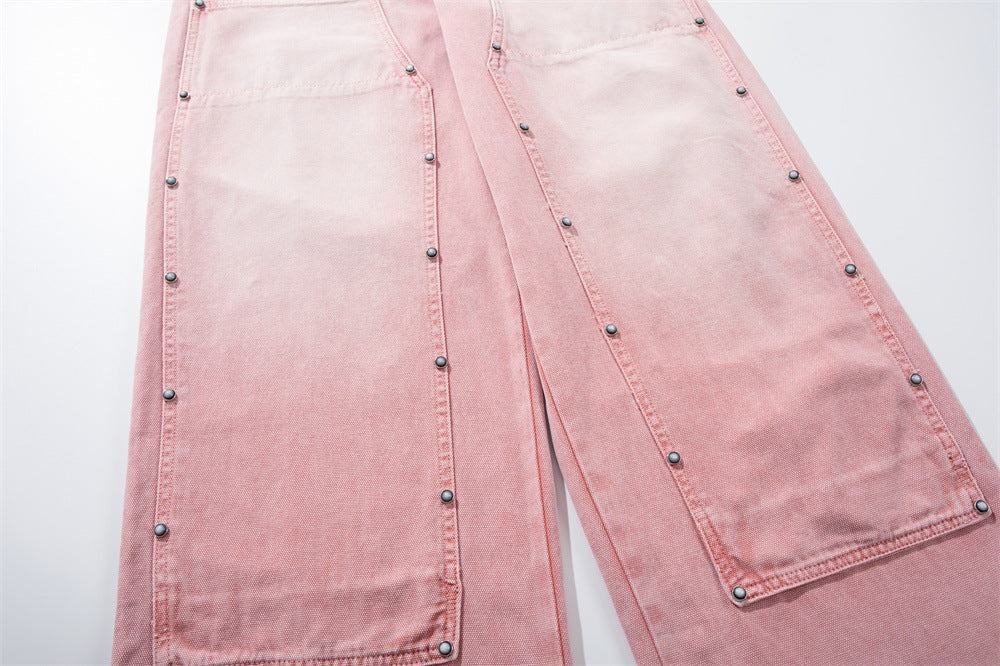 Wide-Leg Carpenter Jeans – Patchwork Studded Pink Washed Denim