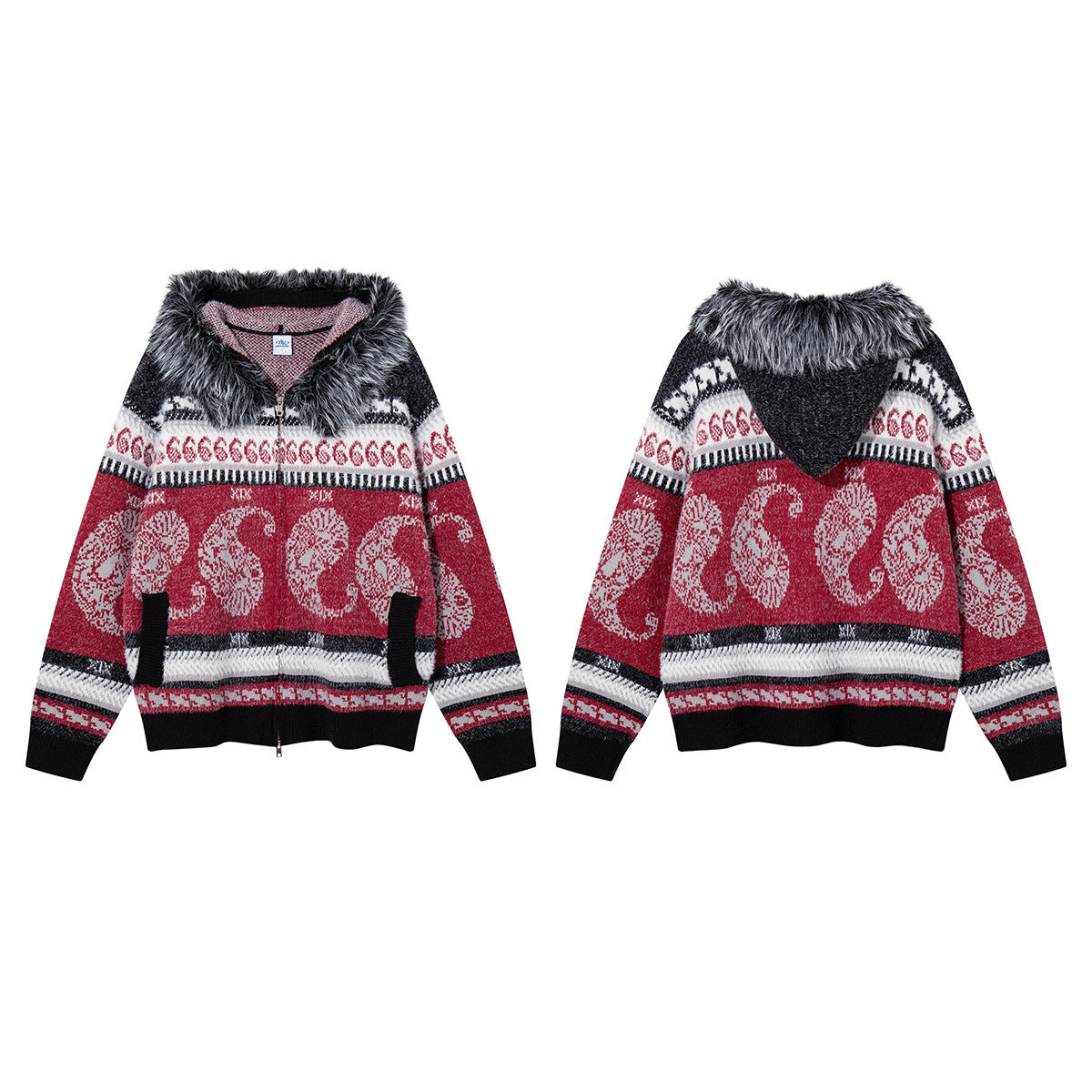 Paisley Fair Isle Knit Zip-Up Hoodie with Faux Fur Trim