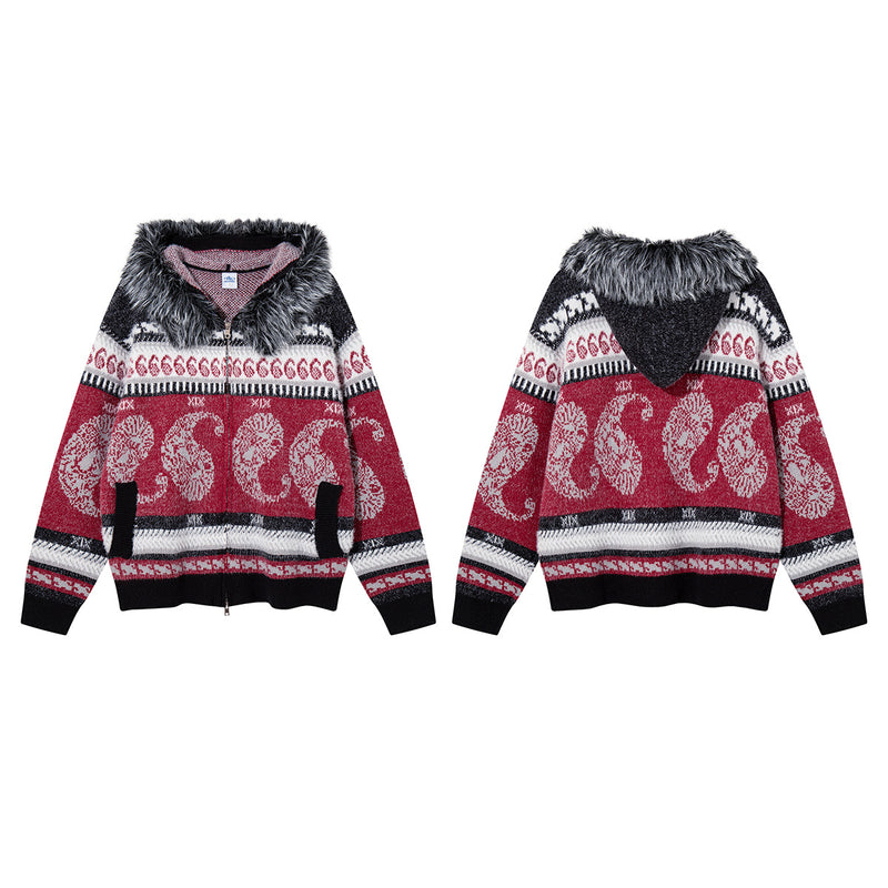Paisley Fair Isle Knit Zip-Up Hoodie with Faux Fur Trim