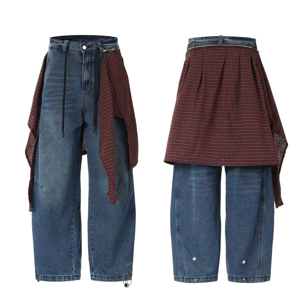 Men's wide-leg baggy jeans with detachable red plaid wrap skirt overlay, front and back view