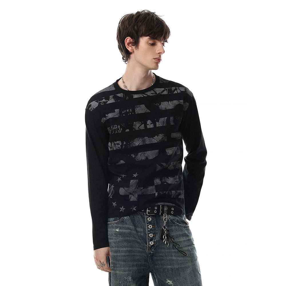 Men's Long Sleeve Graphic Tee – Black Stripe & Star Print Crew Neck