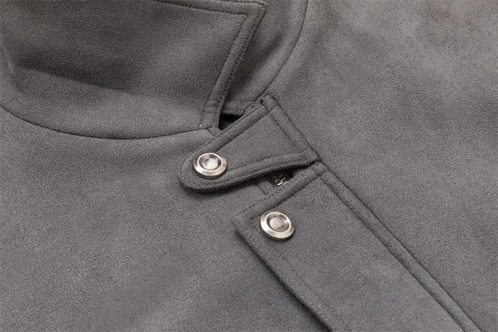 Men's Oversized Bomber Jacket – Grey Suede-Touch Fabric with Stud Details & Zip