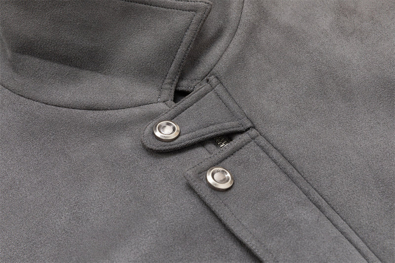 Men's Oversized Bomber Jacket – Grey Suede-Touch Fabric with Stud Details & Zip