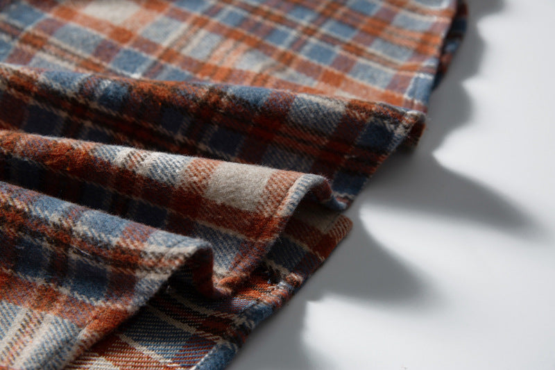 Men's Red Plaid Shirt Oversized Denim-Splice Faux Two-Piece Button-Down