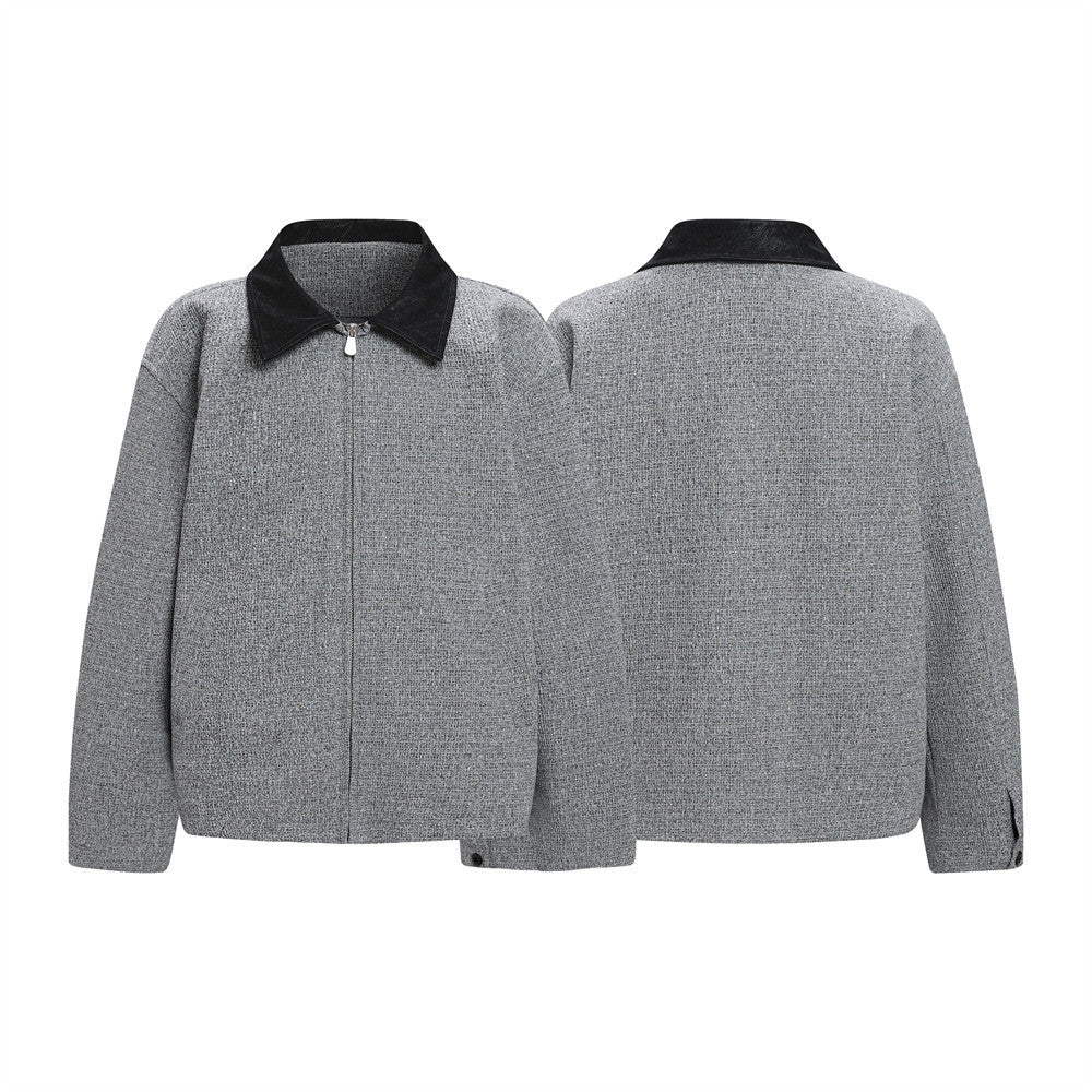 Wolljacke mit Reißverschluss – Herrenjacke aus grauem Tweedgewebe mit kontrastierendem Lederkragen