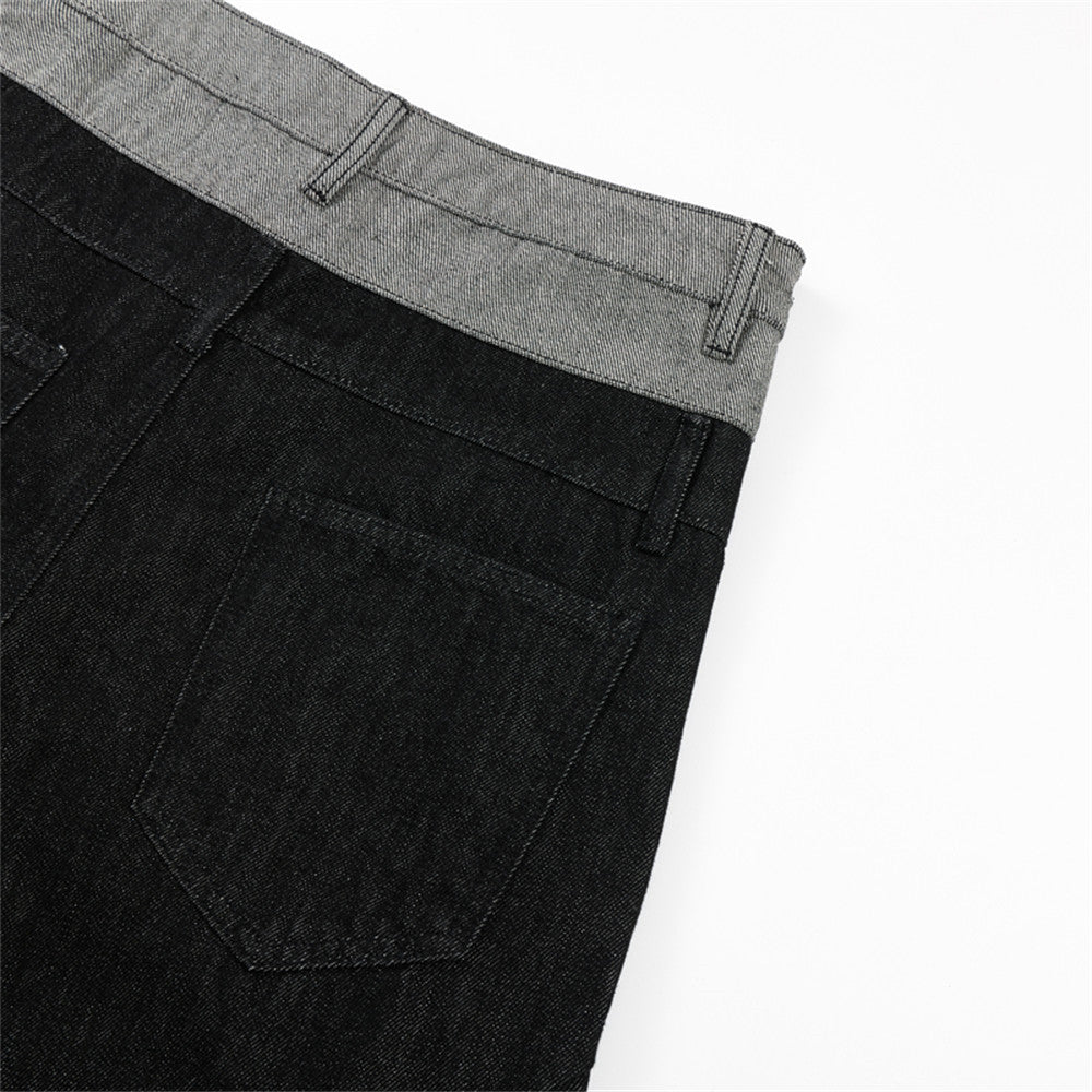 Jean homme à jambes larges – Ceinture bicolore color block et fermeture boutonnée