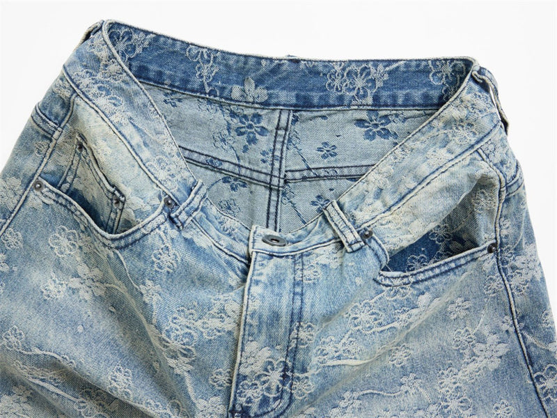 Loose Fit Wide-Leg Jeans – Floral Lace Embroidery, Washed Light Blue Denim
