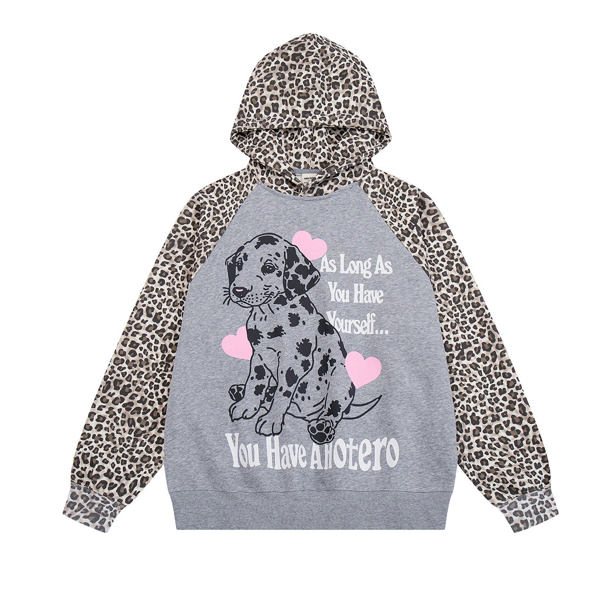 Oversized Raglan-Hoodie mit Leopardenmuster, Dalmatiner-Print und pinken Herzen auf schwarzem Grund, Vorderansicht