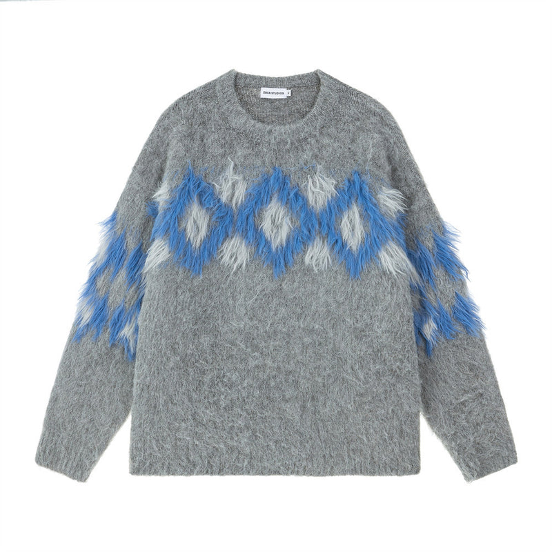 Diamond Jacquard Fringe Crewneck Sweater – Oversized Knit Pullover