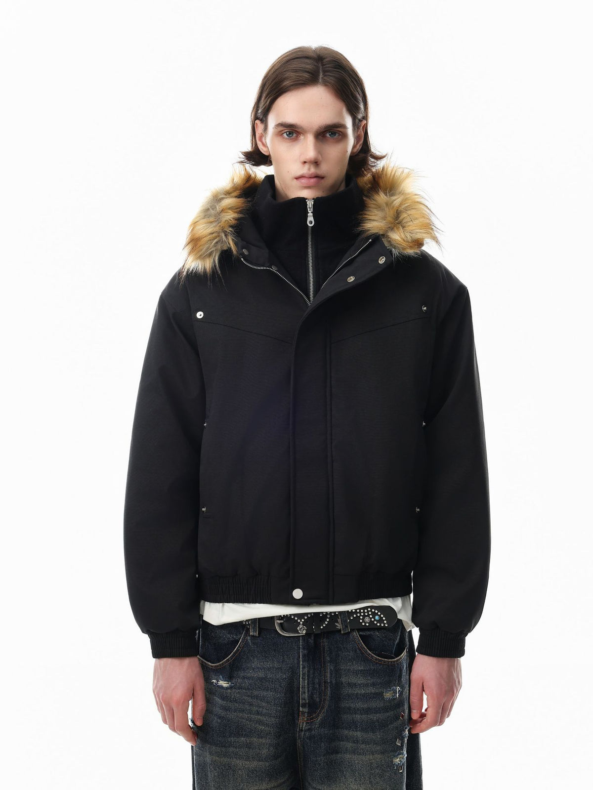 Fur Collar Padded Bomber Jacket – Vintage American Streetwear Winter Coat