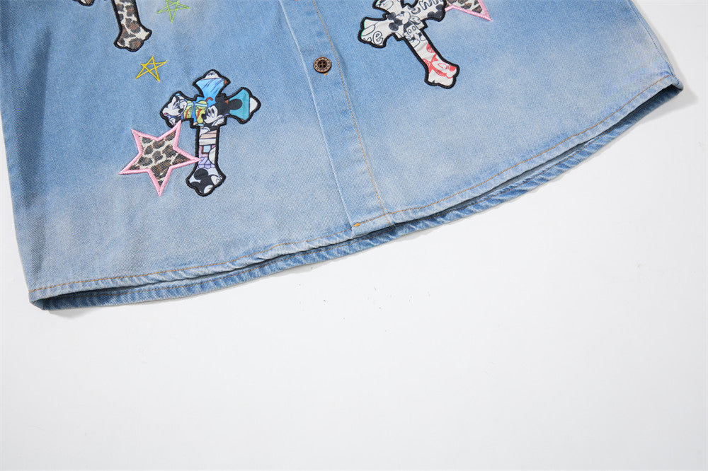 Denim Shirt Men's Long Sleeve Cross Patch Embroidery Leopard Collar Oversized