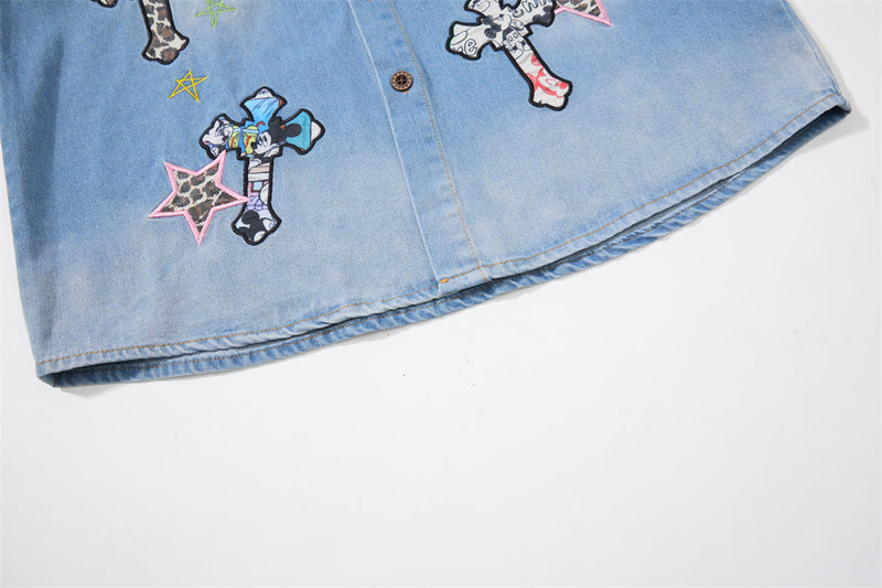 Denim Shirt Men's Long Sleeve Cross Patch Embroidery Leopard Collar Oversized