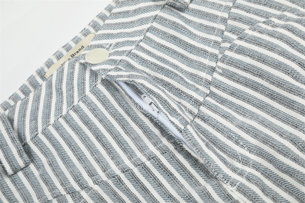 Wide-Leg Striped Pants with Curved Arc Pocket Design
