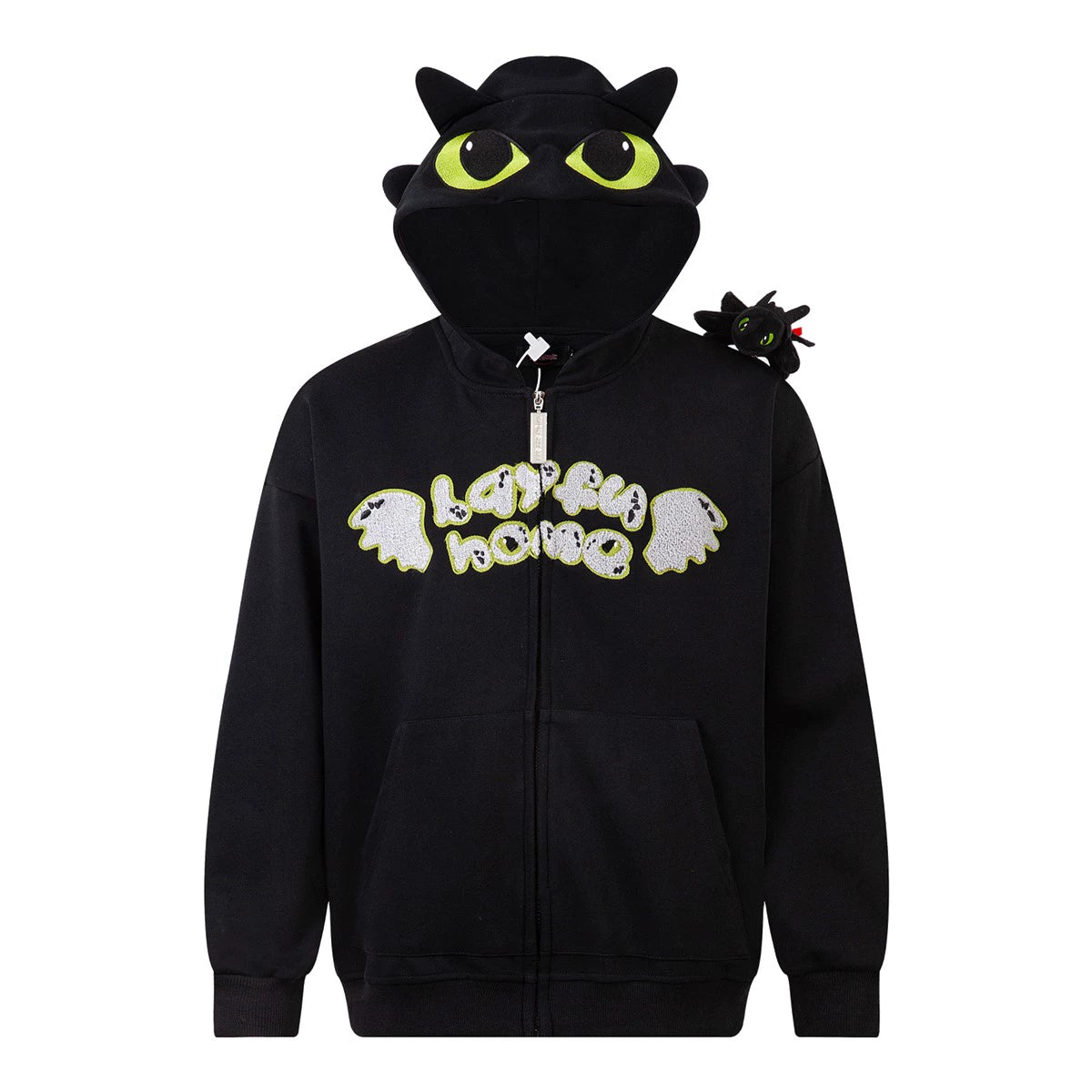 The Seakoff Cute Night Fury Dragon Hoodie is an anime-inspired black zip-up with 3D ears. Featuring green eyes on the hood, white stylized text, and a plush dragon on the shoulder, it&