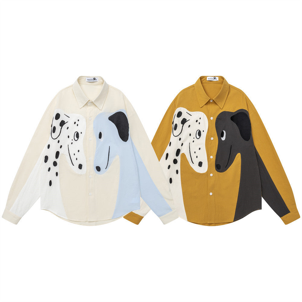 Chemise oversize boutonnée à manches longues, colorblock chien cartoon – Coupe décontractée