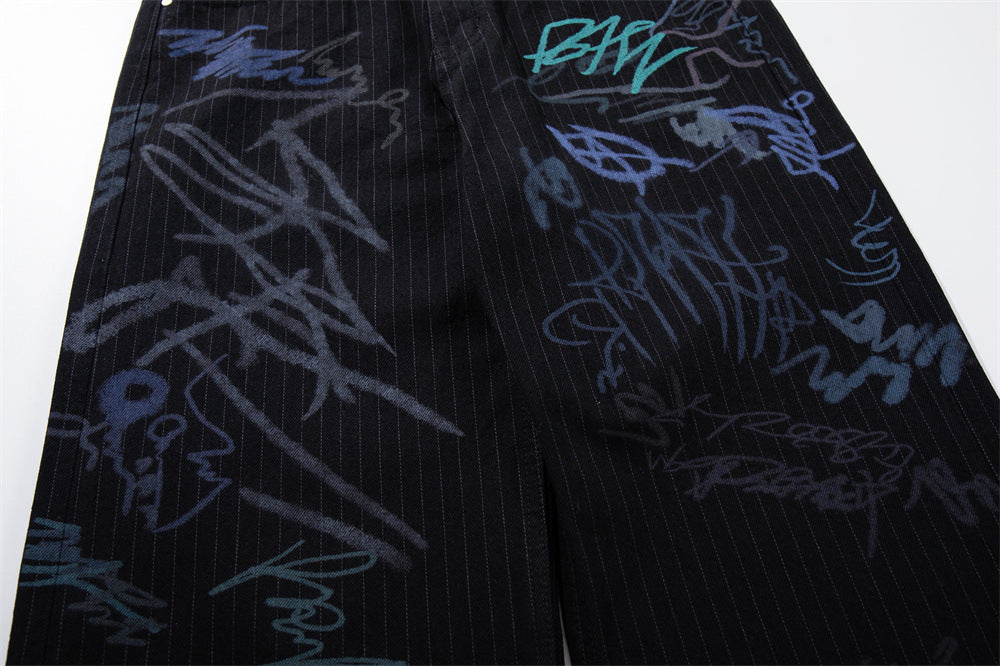Graffiti Print Pinstripe Wide-Leg Jeans – Relaxed Straight Fit