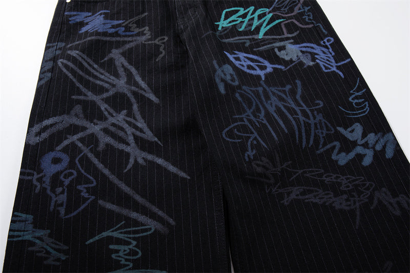 Graffiti Print Pinstripe Wide-Leg Jeans – Relaxed Straight Fit