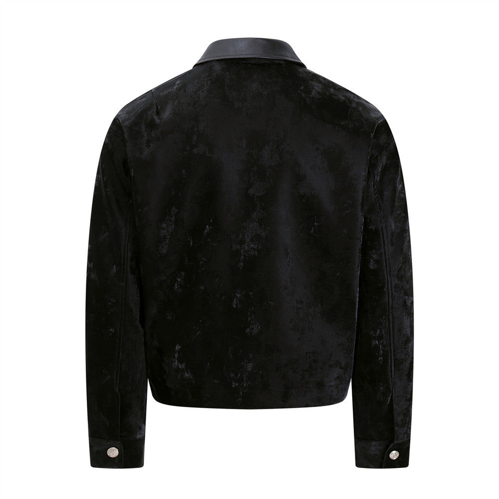 Men's Military Style Jacket – Black Velvet Double-Breasted Zip-Up with PU