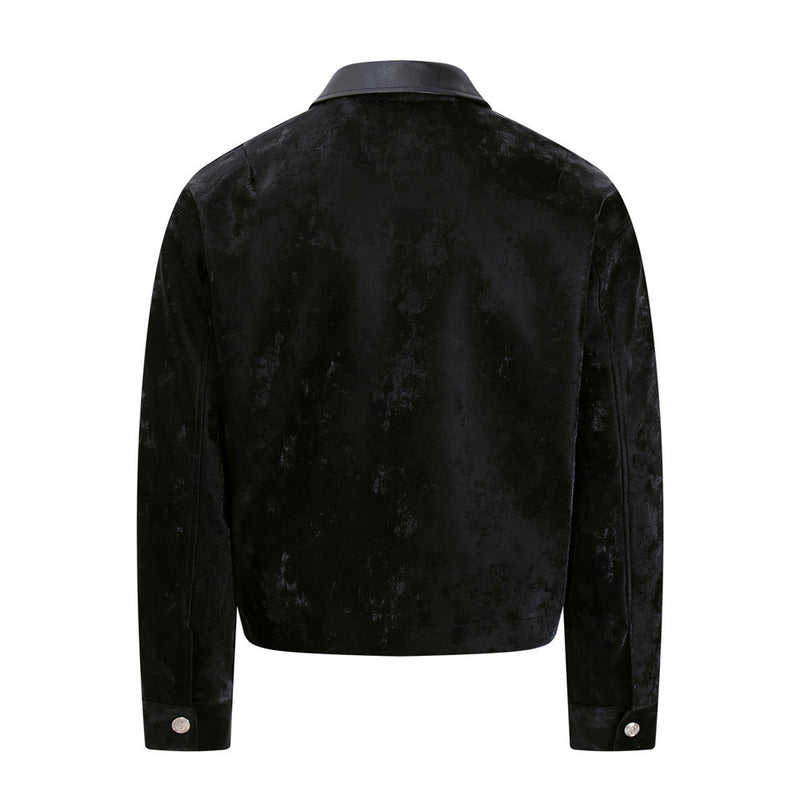 Men's Military Style Jacket – Black Velvet Double-Breasted Zip-Up with PU