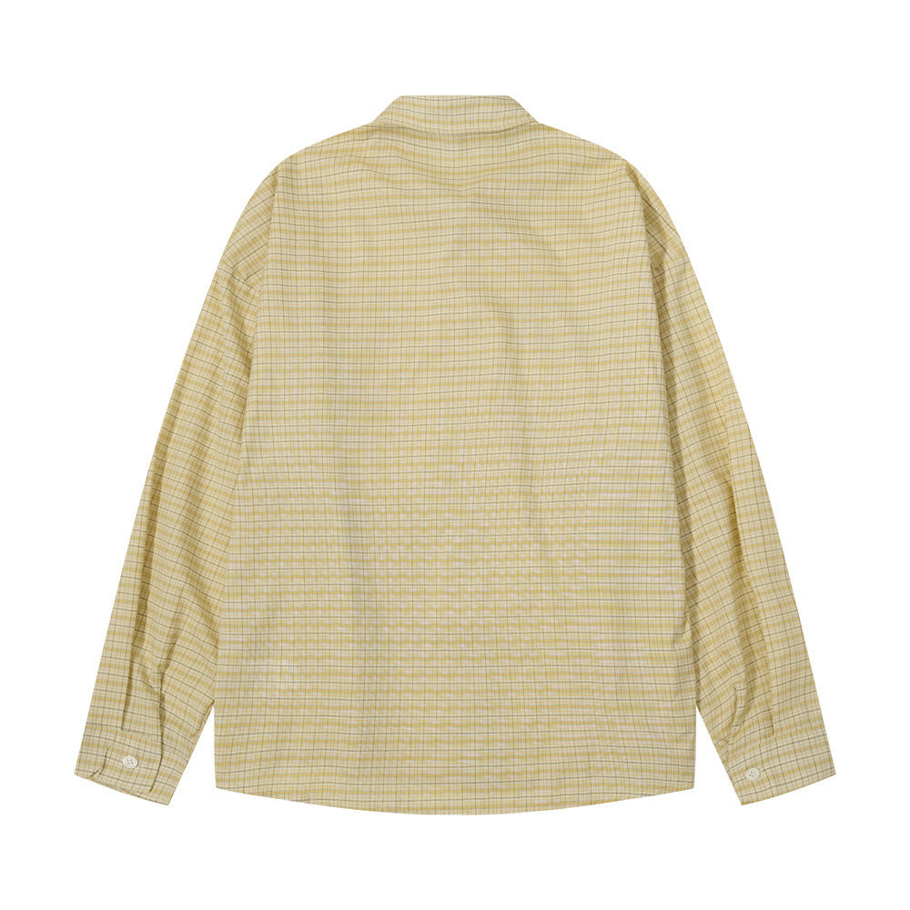 Yellow plaid long sleeve button-up shirt, back view
