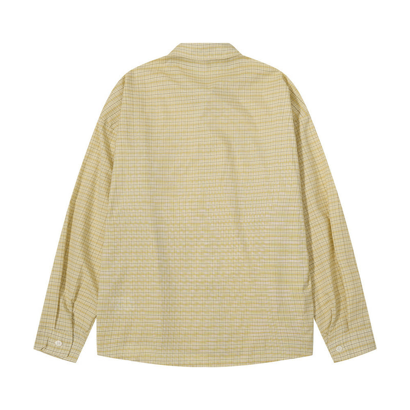 Yellow plaid long sleeve button-up shirt, back view