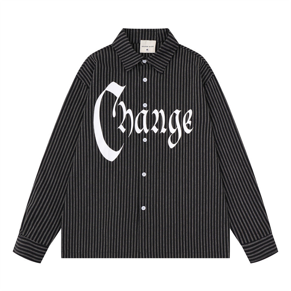 Red and White Striped Long Sleeve Shirt with Gothic Change Print & Graffiti Back