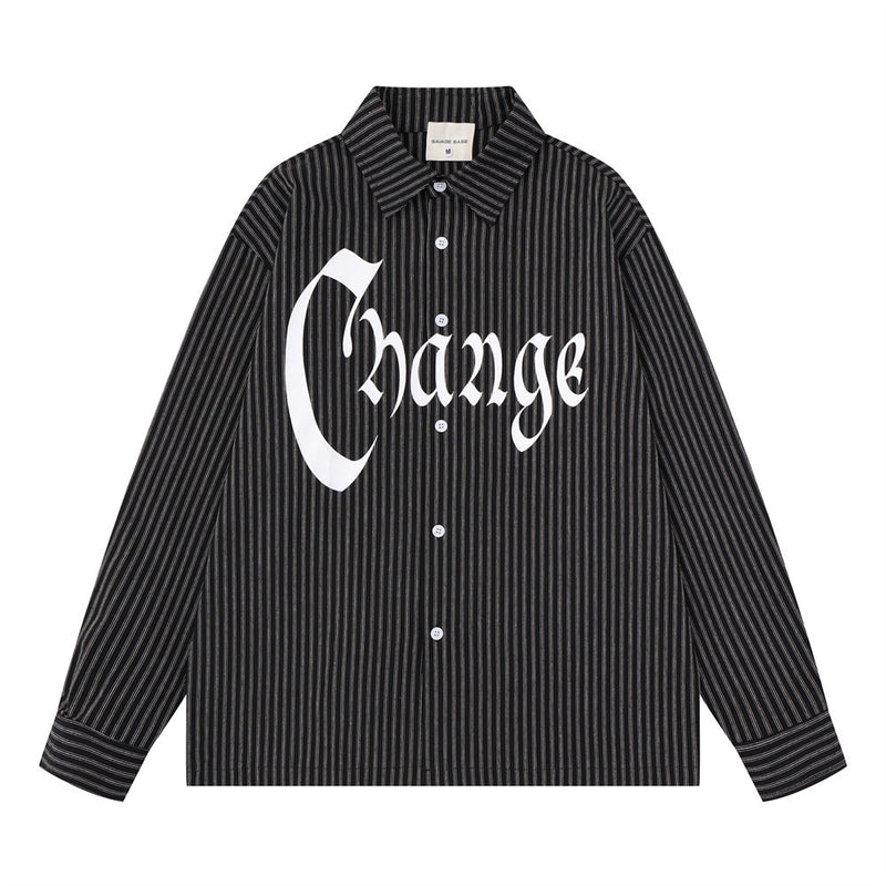 Red and White Striped Long Sleeve Shirt with Gothic Change Print & Graffiti Back