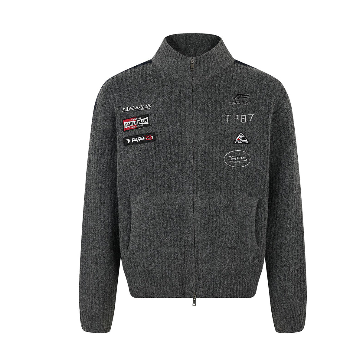 Rippstrick-Cardigan mit Racing-Aufnähern und Reißverschluss in meliertem Grau, bestickten Motorsport-Patches und Stehkragen
