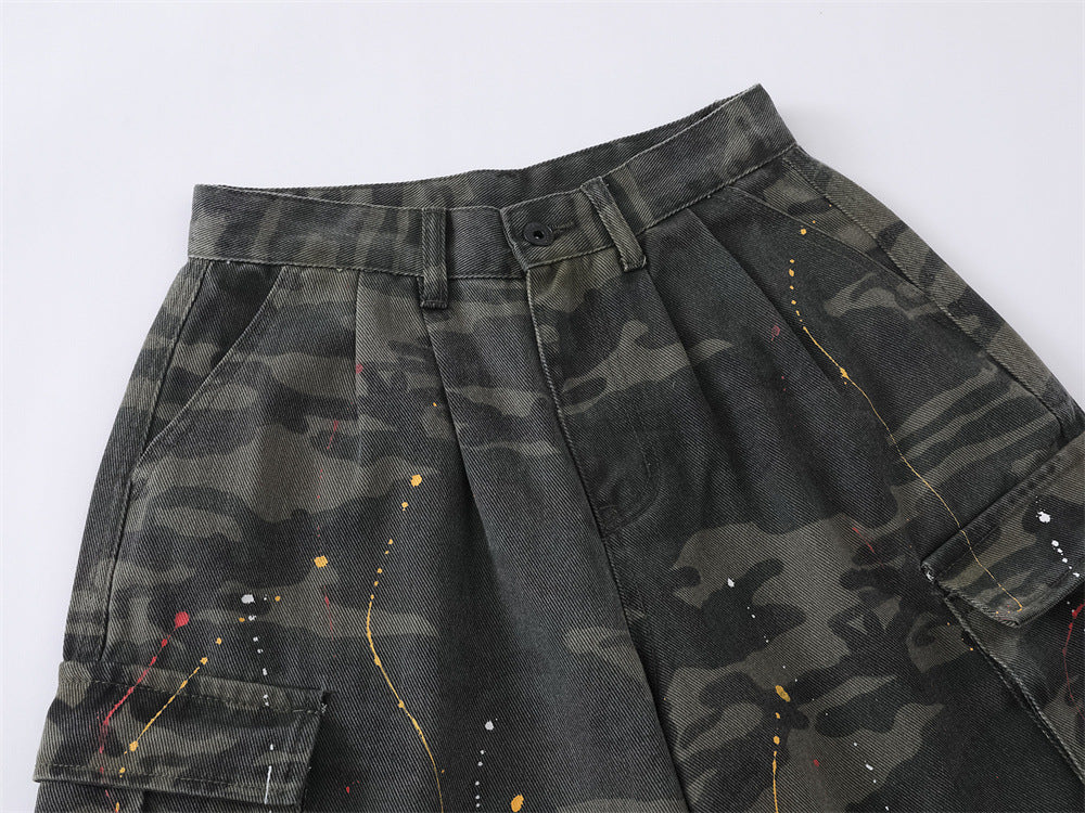 Camo Cargo Shorts – Paint Splatter Multi-Pocket Wide-Leg