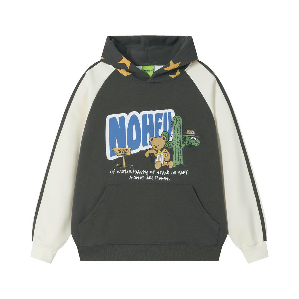 Hoodie mit Cartoon-Bär- und Kaktusgrafik, Colorblock-Raglanärmeln