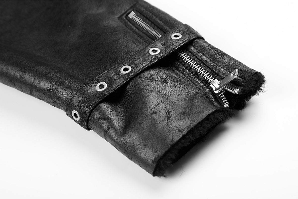 Black Faux Leather Bomber Jacket with Shearling Lining & Moto Hardware