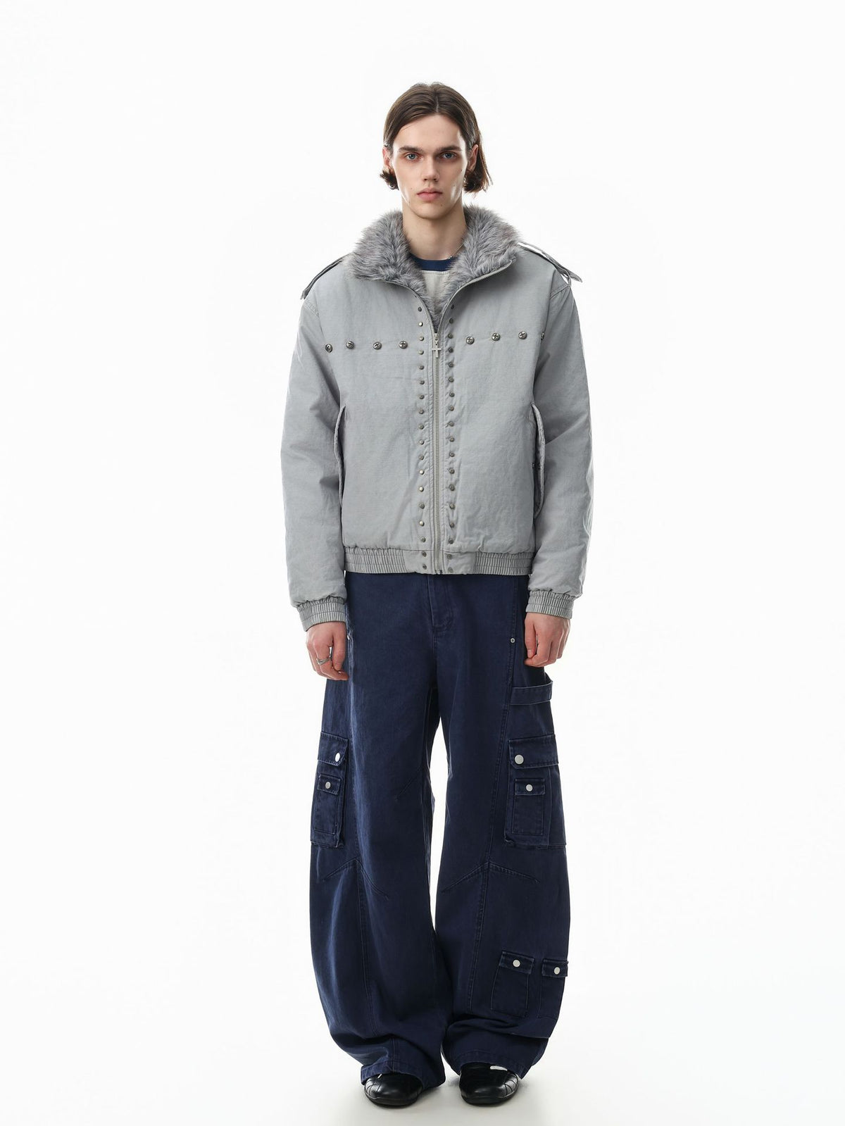 Studded Faux Fur Collar Bomber Jacket – Padded Moto-Inspired Winter Coat