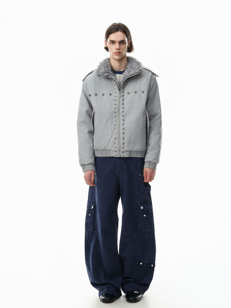 Studded Faux Fur Collar Bomber Jacket – Padded Moto-Inspired Winter Coat