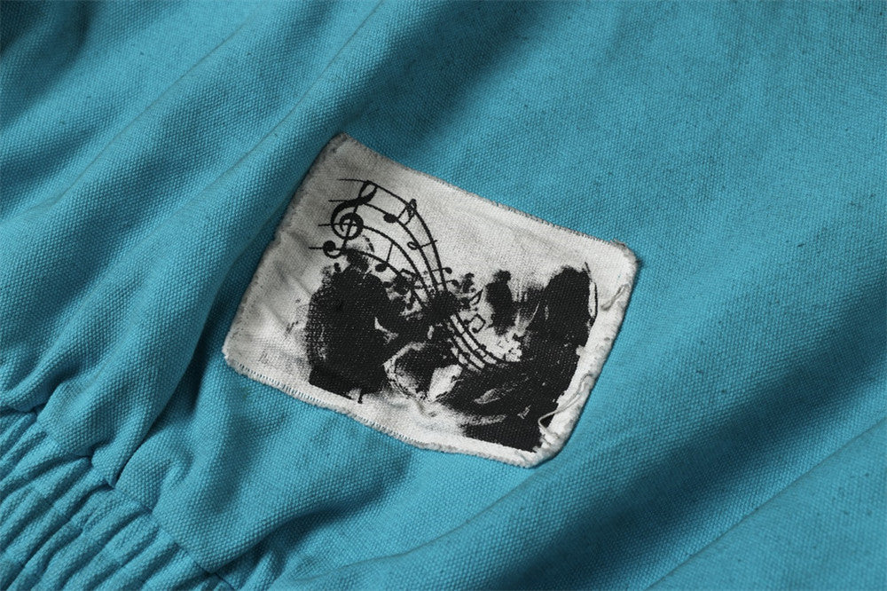 Distressed High-Collar Bomber Jacket – Teal Patch-Work Punk Workwear