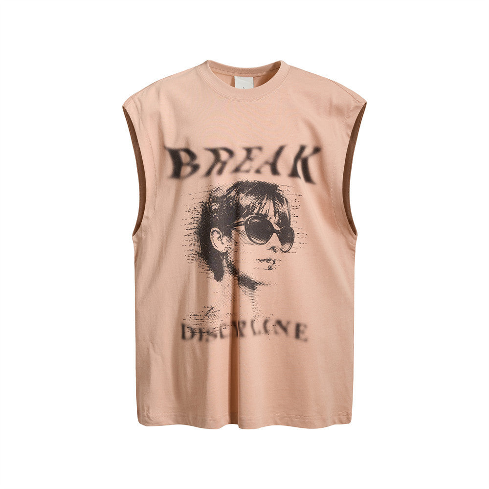Oversized sleeveless tank top with retro halftone portrait graphic and Break Discipline stencil print in dusty peach