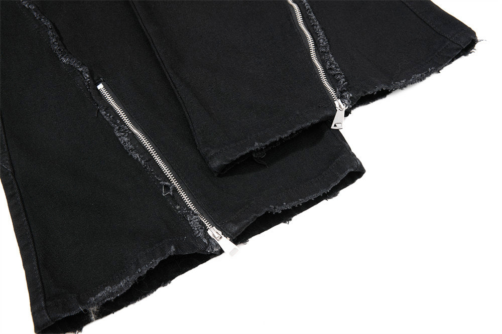 Black Wide-Leg Deconstructed Jeans – Zipper Detail & Raw-Edge Patchwork