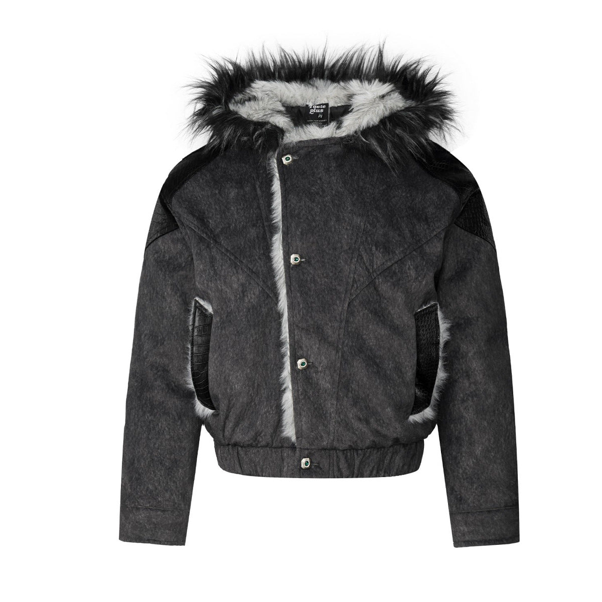 Men's faux fur–trimmed hooded bomber jacket in charcoal black with textured fleece body and PU leather shoulder panels