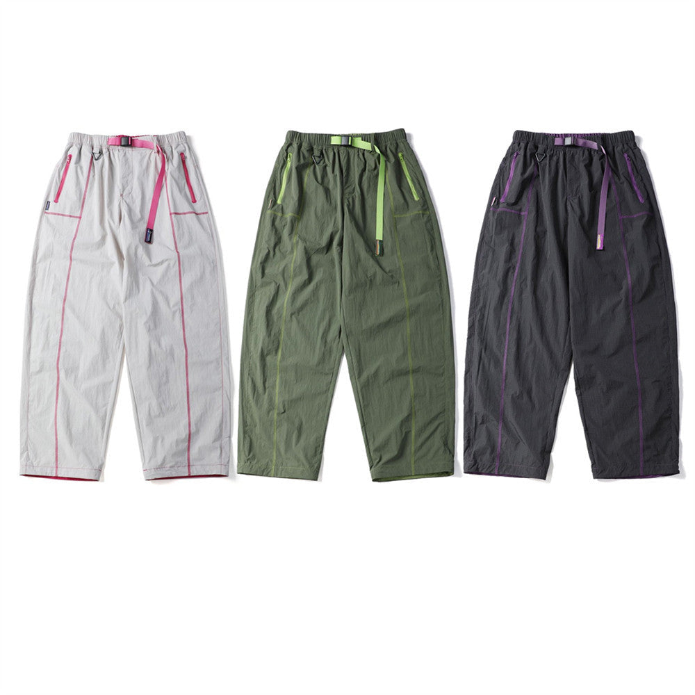 Men's Outdoor Nylon Track Pants with Belt — Contrast Stitch Wide-Leg Casual