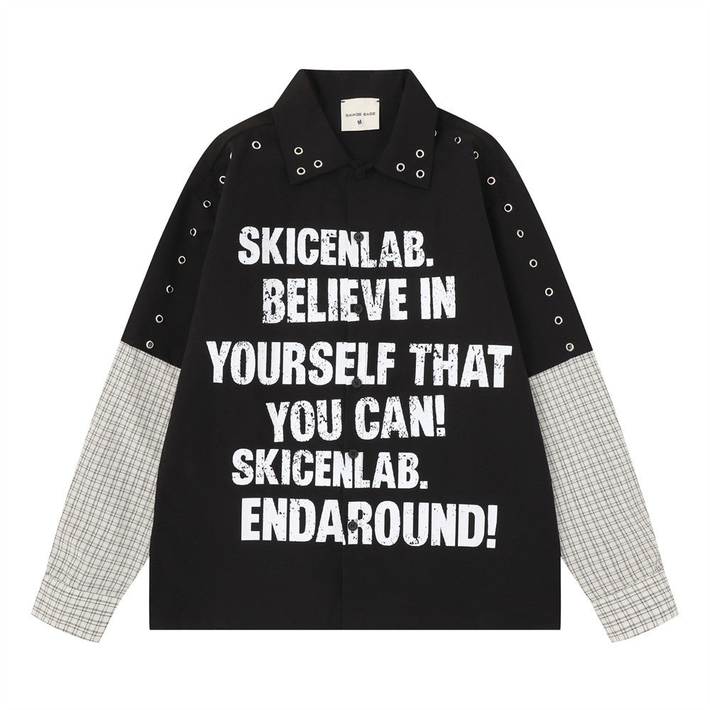 Faux Two-Piece Plaid Splice Long Sleeve Shirt – Metal Eyelet & Letter Print