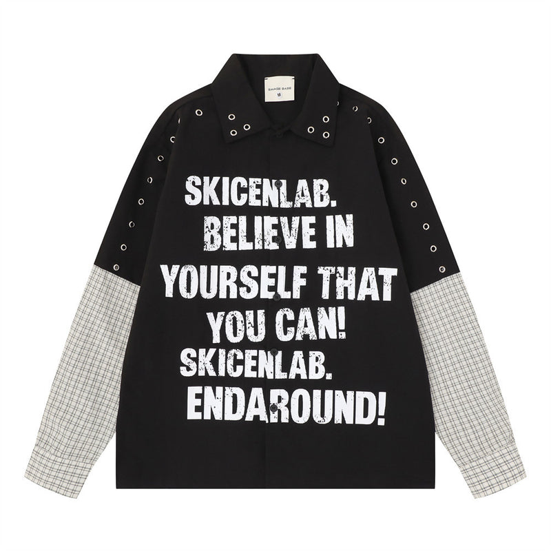 Faux Two-Piece Plaid Splice Long Sleeve Shirt – Metal Eyelet & Letter Print