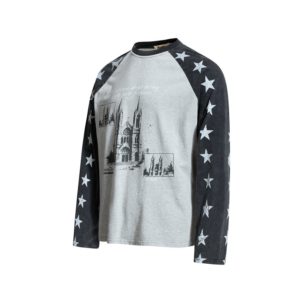 Cathedral Graphic Raglan Long Sleeve Tee with Star-Print Sleeves