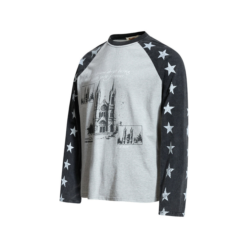 Cathedral Graphic Raglan Long Sleeve Tee with Star-Print Sleeves
