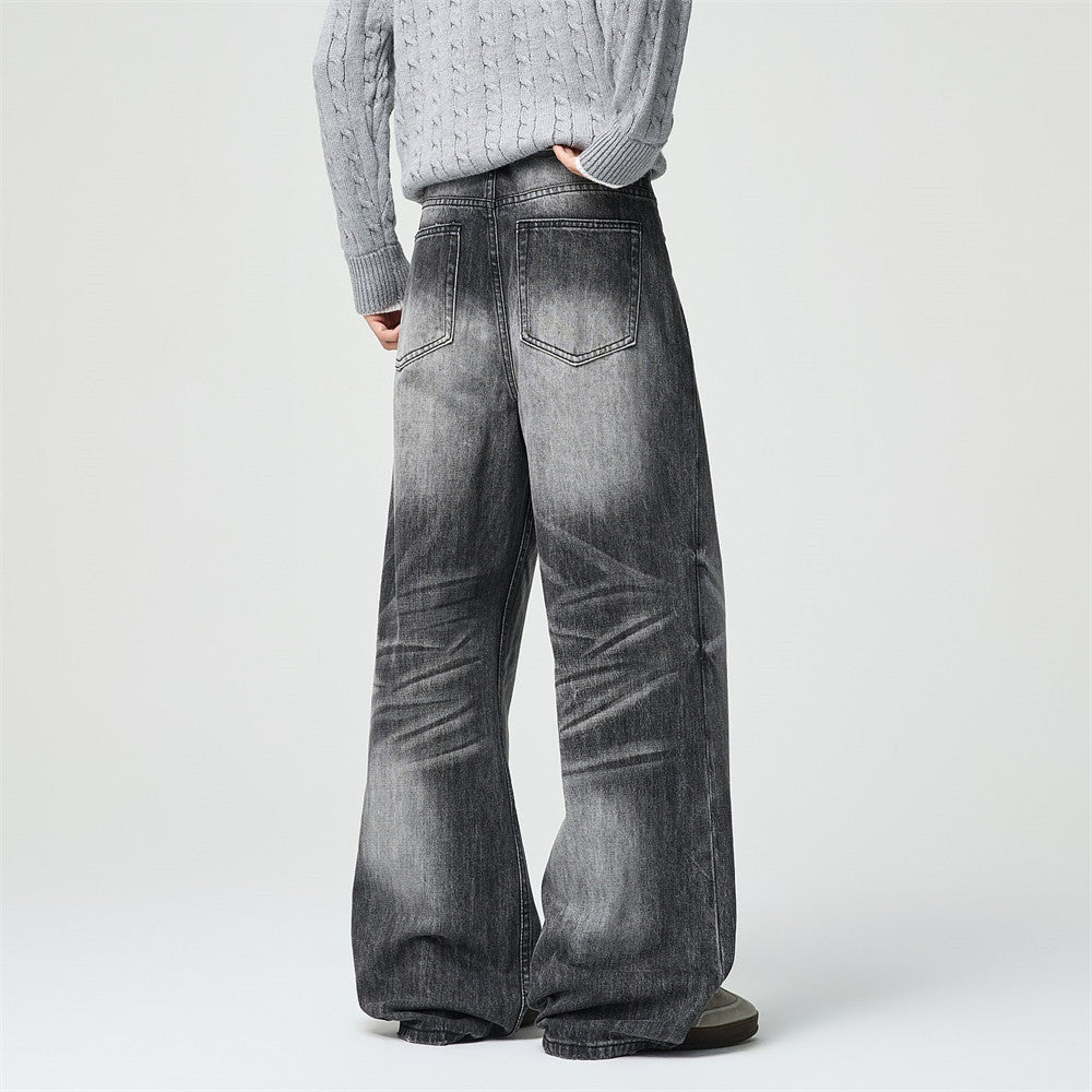 Wide-Leg Jeans Men's Washed Grey Vintage Distressed Baggy Denim Pants