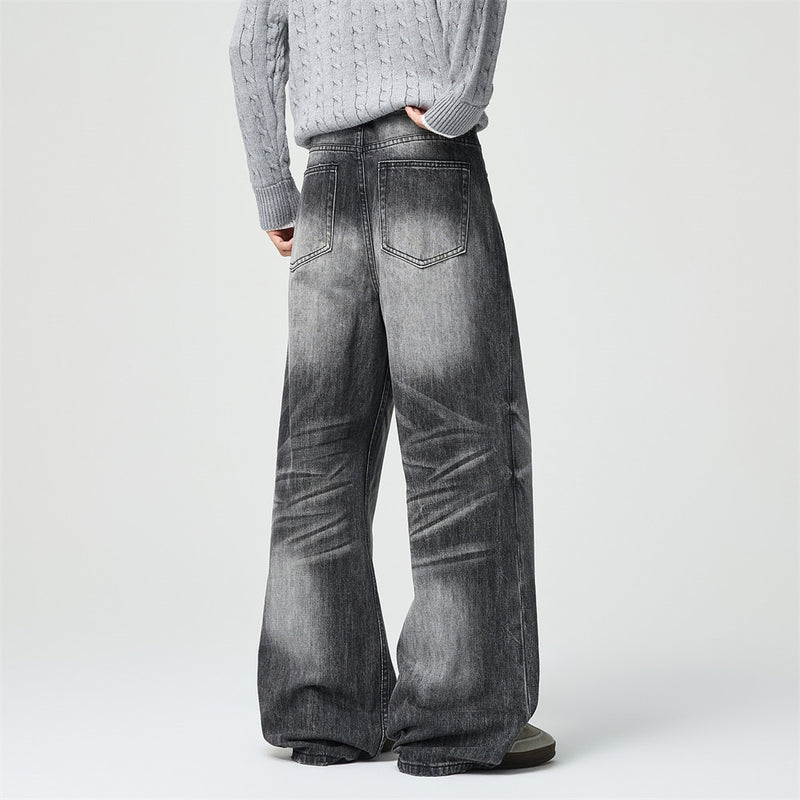 Wide-Leg Jeans Men's Washed Grey Vintage Distressed Baggy Denim Pants