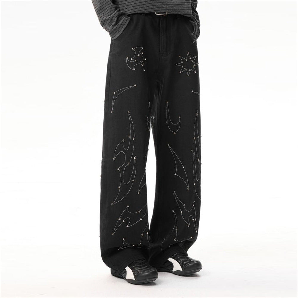 Schwarze Wide-Leg-Hose für Herren – Flammen- und Sternstickerei mit Nieten, gerade geschnitten