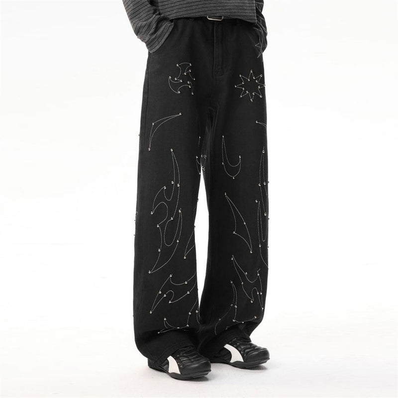 Schwarze Wide-Leg-Hose für Herren – Flammen- und Sternstickerei mit Nieten, gerade geschnitten